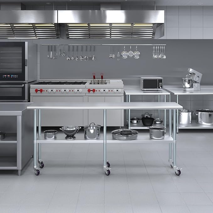 Stainless Steel Work Table with Wheels | NSF Kitchen Island Food Prep | Laundry Garage Utility Bench (Table + Wheels, 84" Long x 18" Deep)
