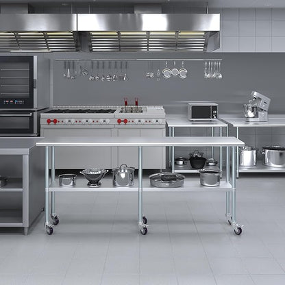 Stainless Steel Work Table with Wheels | NSF Kitchen Island Food Prep | Laundry Garage Utility Bench (Table + Wheels, 84" Long x 18" Deep)