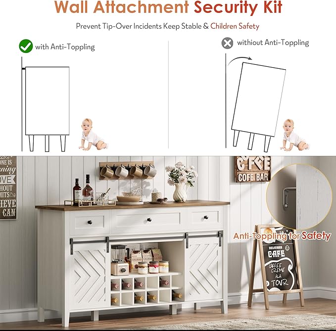 CABIHOME Farmhouse 59'' Buffet Cabinet with Sliding Barn Door, 33.4'' Tall Wood Rustic Sideboard with 3 Drawer, Adjustable Shelf and Removable Wine Rack for Dining Room, Kitchen, Living Room, White