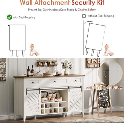 CABIHOME Farmhouse 59'' Buffet Cabinet with Sliding Barn Door, 33.4'' Tall Wood Rustic Sideboard with 3 Drawer, Adjustable Shelf and Removable Wine Rack for Dining Room, Kitchen, Living Room, White