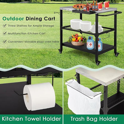 Outdoor Grill Cart,36 Inch Stainless Steel Pizza Oven Table with Lockable Wheels, Hooks & Adjustable Mesh, Metal Kitchen Cart Island, Black(36.2'' D x 19.6''W x 31.4''H)