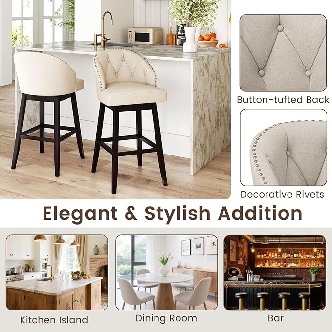 Giantex Modern Upholstered Bar Stools Set of 2, 31" Bar Height Swivel Kitchen Stools w/Button-Tufted Back, Rubber Wood Frame, Rivet Decoration, Linen Fabric Barstools for Counter Island, Cafe, Beige