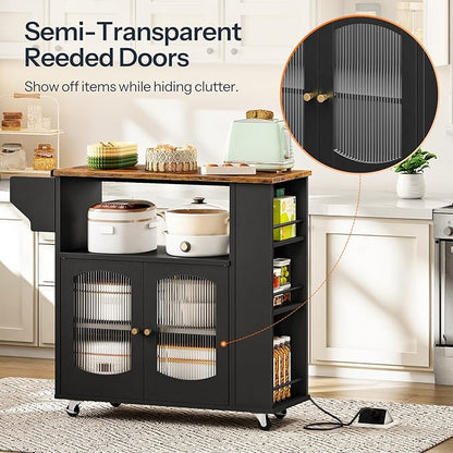 HOOBRO Kitchen Island with Power Outlet, Rolling Kitchen Island with Glass Doors and Open Storage Shelf, Island Table with Spice Rack, Towel Rack for Kitchen, Rustic Brown and Black BF53UZD01