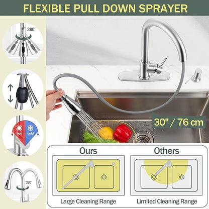 Herogo Brushed Nickel Kitchen Sink Faucet Set with Pull Down Sprayer and Soap Dispenser, Stainless Steel Rv Outdoor Kitchen Faucet for 1-3 Hole with Pop Up Drain, Deck Plate and Supply