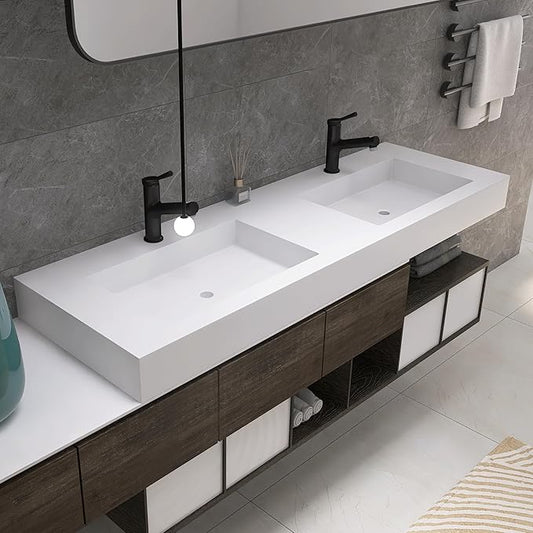 59" Wall Mount Sink Matte Bathroom Vanity Vessel Sinks Artificial Stone Rectanglee Indoor Outdoors Modern Floating or Countertop Freestanding Wall Hang Sink Bowl… (2 Faucet Holes 59'')