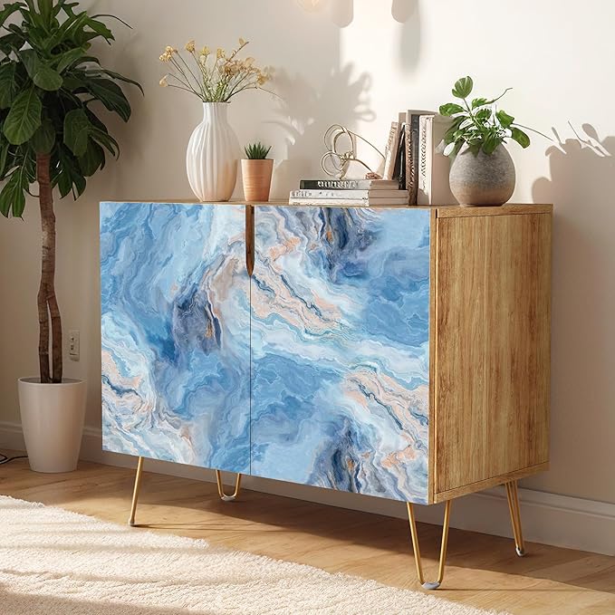 SIGNWIN Sideboard Buffet Cabinet, Kitchen Storage Cabinet with 2 Doors, Blue & Gray Marble Granite Pattern, Cupboard Console Table for Dining Room - 35" L x 18" W x 29" H