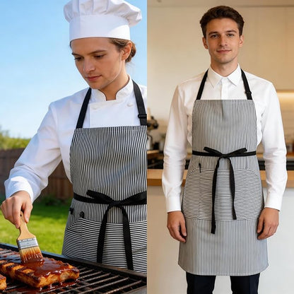 Kitchen Apron with 3 Pocket, Adjustable Server Apron, Waitress Apron with Pockets Stripes