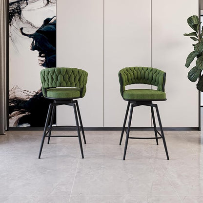 Modern Dining Chairs,Upholstered Linen Woven 360°Swivel Bar Island Chair & Black Footrest(Set of 2),Comfortable Curved Backrests Seat,Applicable to Kitchen,Living Room,Outdoor Lounge,Patio,Green