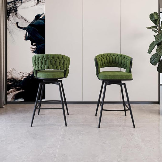 Modern Dining Chairs,Upholstered Linen Woven 360°Swivel Bar Island Chair & Black Footrest(Set of 2),Comfortable Curved Backrests Seat,Applicable to Kitchen,Living Room,Outdoor Lounge,Patio,Green