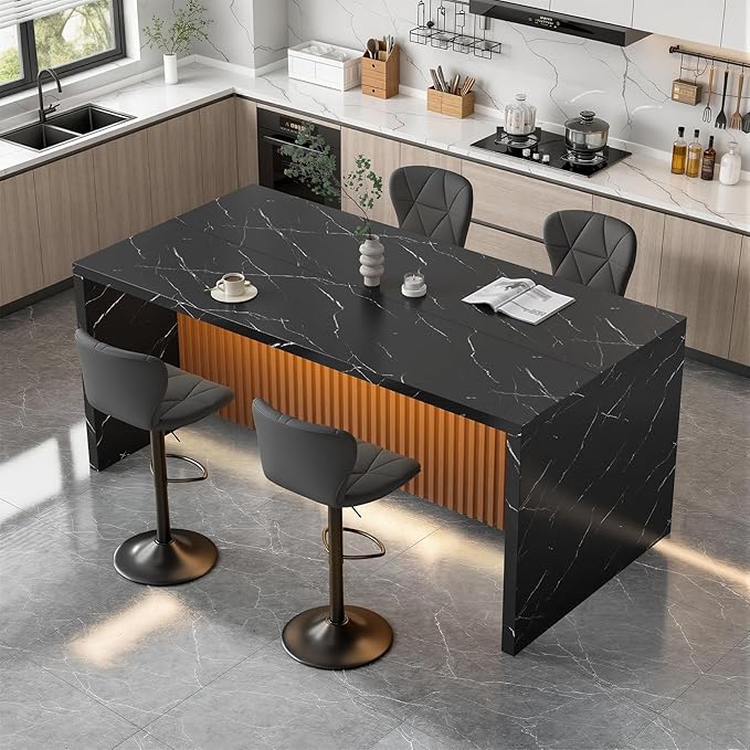 67" Kitchen Island Table with Faux Marble Top, Counter Height Dining Table for Kitchen, Modern Island Table with Fluted Base, Seats 4