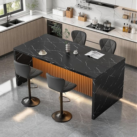 67" Kitchen Island Table with Faux Marble Top, Counter Height Dining Table for Kitchen, Modern Island Table with Fluted Base, Seats 4