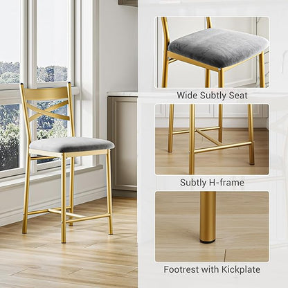 Bar Stools Set of 4, Counter Height Bar Stools with PU Upholstered Seat & Back – Modern Kitchen Island Bar Chairs with Footrest for Apartment & Dining Bar, Gold