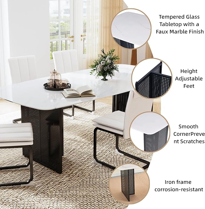 51" White Marble Dining Table, 4-6 Person Modern Kitchen Dining Room Tables with Marble Pattern Tempered Glass Top and Black Hollow-Out Metal Base, Space Saving Rectangle Dinner Table for Home