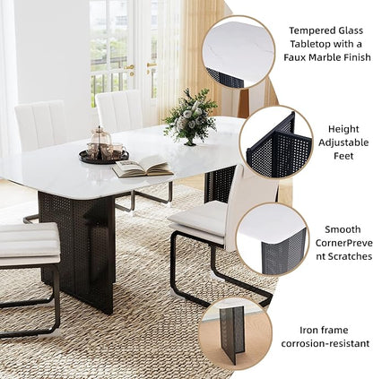 51" White Marble Dining Table, 4-6 Person Modern Kitchen Dining Room Tables with Marble Pattern Tempered Glass Top and Black Hollow-Out Metal Base, Space Saving Rectangle Dinner Table for Home