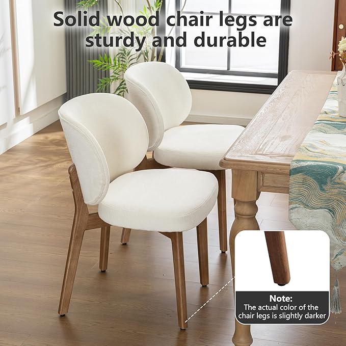 YOUNIKE Dining Chair with High Back Set of 2 Mid Century Modern Kitchen Chair Boucle Fabric Upholstered Armless Chair 20" Wide Padded Seat with Wooden Leg for Kitchen Dining Living Room Bedroom Beige
