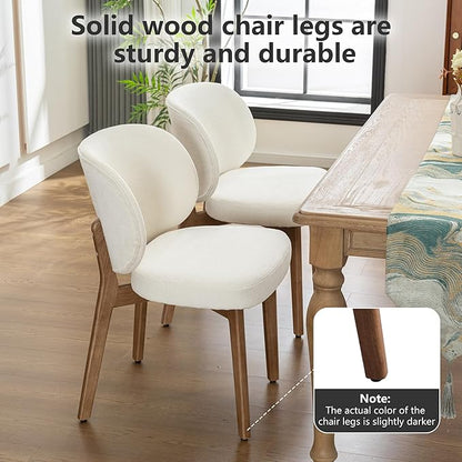 YOUNIKE Dining Chair with High Back Set of 2 Mid Century Modern Kitchen Chair Boucle Fabric Upholstered Armless Chair 20" Wide Padded Seat with Wooden Leg for Kitchen Dining Living Room Bedroom Beige