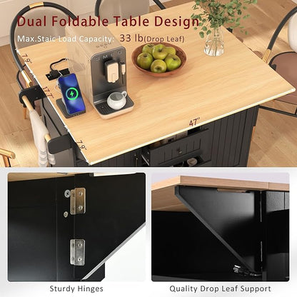 Modern Large Island With 2 Drop Leaf, Rolling Kitchen Cart on 5 Wheels With Power Outlet, Folding Storage Dining Table With Spice & Towel Rack, 3 Drawers, for Dining Room (Black@017)
