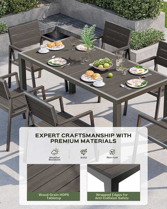 Vexwalx 7-Piece Outdoor Dining Set, Aluminum Dining Table Set for 6, Patio Table and Chairs Set with Umbrella Hole, All Weather HDPS Outdoor Table and Chairs for 6 (Charcoal)