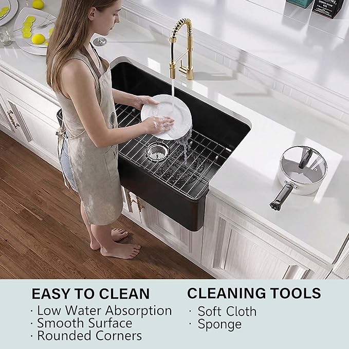 Miuara Black Farmhouse Sink 30 Inch - Apron Front Undermount Kitchen Sink Reversible 30"x18"x10", Farm House Style Single Bowl, Heavy Duty Solid Fireclay, Matte Black, for Kitchen