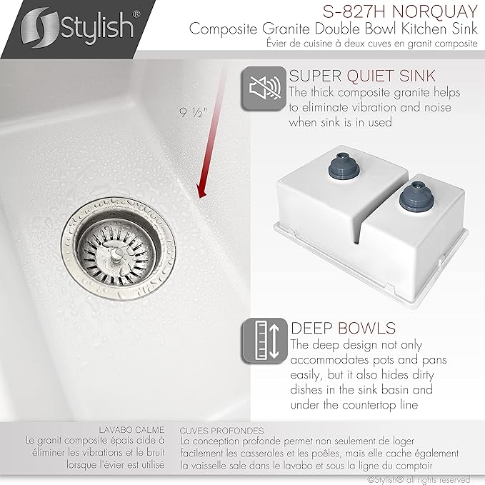Stylish 27.25 x 18.75 Inch Drop In or Undermount Kitchen Sink Double Bowl Workstation 9.5 Inches Deep Granite Composite Kitchen Sinks with Regular Strainers White, S-827H