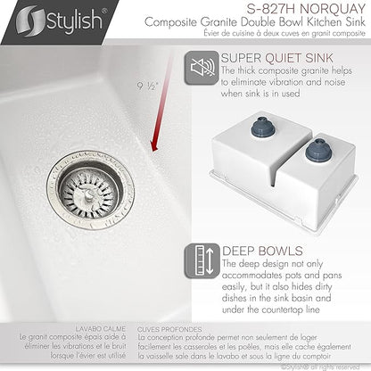 Stylish 27.25 x 18.75 Inch Drop In or Undermount Kitchen Sink Double Bowl Workstation 9.5 Inches Deep Granite Composite Kitchen Sinks with Regular Strainers White, S-827H