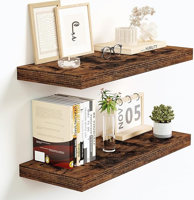 Vivelove Floating Shelves for Wall Mounted, 16 Inch Bathroom Shelves, Display Shelf for Living Room Kitchen Bedroom Office Farmhouse Home Decor, 16" X 9.3" X 1.5" - Set of 2, Rustic Brown