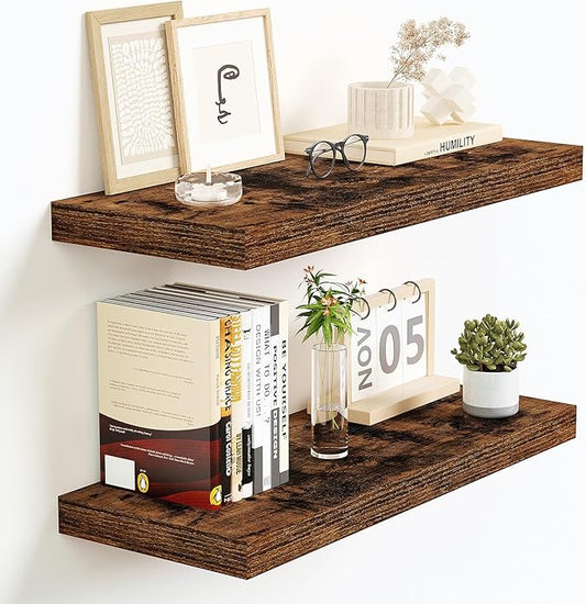 Vivelove Floating Shelves for Wall Mounted, 16 Inch Bathroom Shelves, Display Shelf for Living Room Kitchen Bedroom Office Farmhouse Home Decor, 16" X 9.3" X 1.5" - Set of 2, Rustic Brown