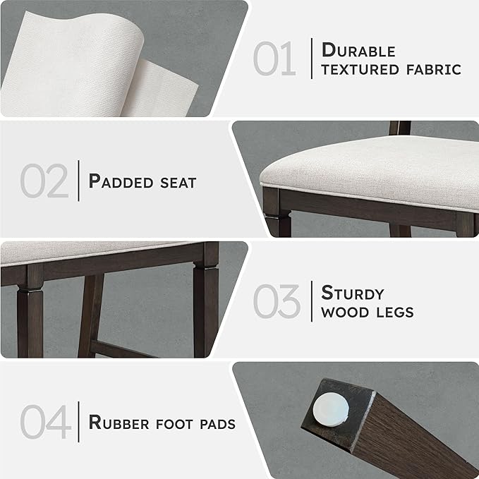 Lexicon 43" W Counter Height Dining Bench with Padded Seat, Ladder Back Wood Frame, Beige Textured Fabric Upholstered Dining Seat for Kitchen/Living Room, Easy Assembly, Dark Espresso