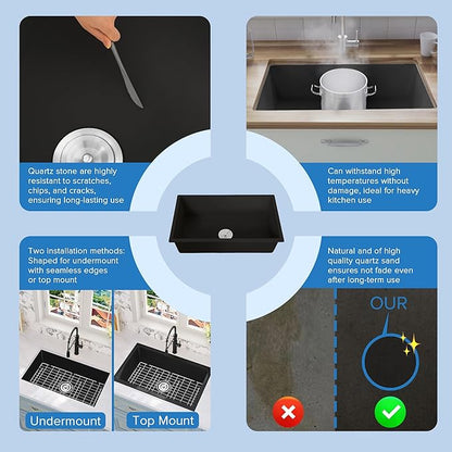 Rhbamoa Black Bar Sink Granite Composite,18''x16'' Matte Black Bar Sink Undermount,9 Inch Depth Small Single Bowl Quartz Kitchen Sinks with Accessories