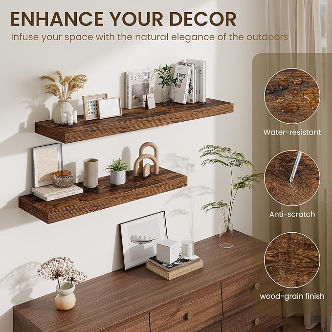 Floating Shelves for Wall, 40 Inch Floating Shelf for Home Decor, Wall Mounted Rustic Wood Shelves 12 Inch Deep, Hanging Deep Shelf for Bedroom, Living Room, Kitchen, Rustic Brown, Set of 2