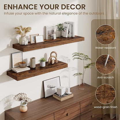 Fun Memories 12 Inch Deep Floating Shelves for Wall, 30 Inch Long Floating Shelf, 30 x 12 Shelf for Wall, Rustic Wood Bookshelves, Hanging Shelves for Bathroom Kitchen Bedroom, Rustic Brown, Set of 2