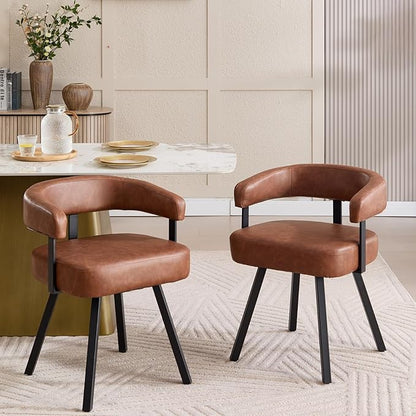 Modern Barrel Dining Chairs Set of 2, Brown PU Leather Upholstered Dining Room Chairs with Arms, Comfy Kitchen Chairs with Black Metal Legs for Dinner Living Room