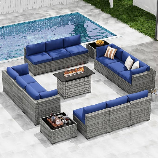 LazySunsets 15-Piece Patio Furniture Set with 44" Fire Pit Table, Wicker Outdoor Furniture, Patio Conversation Sets with Coffee Table, Outdoor Sectional Couch with Waterproof Cover, Blue