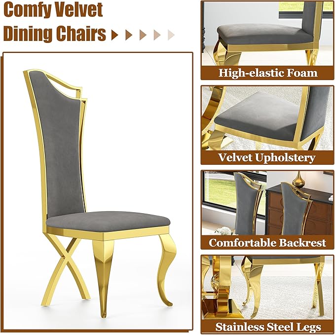 7-Piece Modern Luxury Dining Table Set, 70" Black Tempered Glass Dining Table with Gold Polished Stainless Steel U-Shaped Pedestal Base, 6 Gray Velvet X-Leg Dining Chairs, for Dining Room