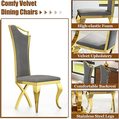 7-Piece Modern Luxury Dining Table Set, 70" Black Tempered Glass Dining Table with Gold Polished Stainless Steel U-Shaped Pedestal Base, 6 Gray Velvet X-Leg Dining Chairs, for Dining Room