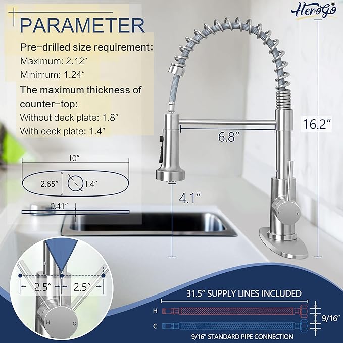 Kitchen Faucets with Pull Down Sprayer Brushed Nickel, Herogo 2.0 Upgraded Commercial Stainless Steel Single Handle Pull Out Spring Sink Faucets with Deck Plate for Utility Farmhouse Laundry Rv Wet
