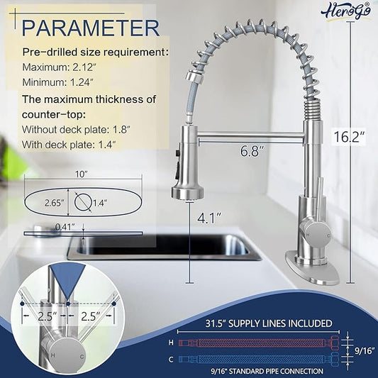 Kitchen Faucets with Pull Down Sprayer Brushed Nickel, Herogo 2.0 Upgraded Commercial Stainless Steel Single Handle Pull Out Spring Sink Faucets with Deck Plate for Utility Farmhouse Laundry Rv Wet