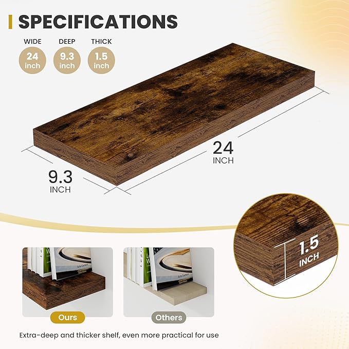 Acovy 24 Inch Floating Shelves, 9.3" Deep Floating Shelf Wall Mounted, 24" Wall Shelves, Rustic Deep Bookshelf, Large Display Shelves & Storage Shelves for Bedroom, Living Room, Brown, Set of 2