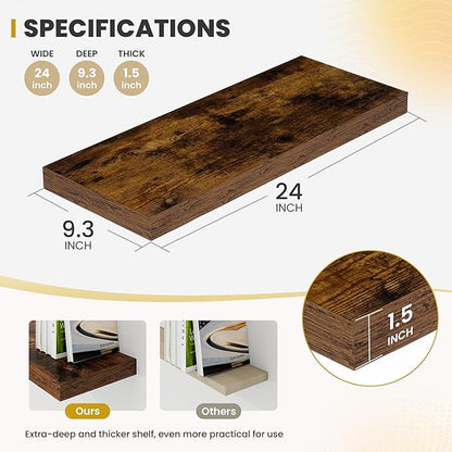 Acovy 24 Inch Floating Shelves, 9.3" Deep Floating Shelf Wall Mounted, 24" Wall Shelves, Rustic Deep Bookshelf, Large Display Shelves & Storage Shelves for Bedroom, Living Room, Brown, Set of 2