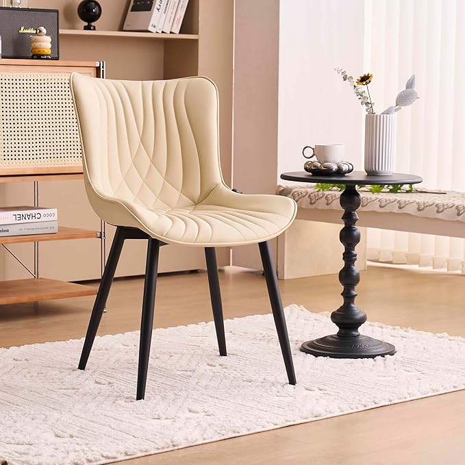 Kidol & Shellder Dining Chairs Set of 2, Mid Century Modern Kitchen Chairs with Black Metel Legs, PU Leather Upholstered Side Chair for Dining Room, Living Room, Lounge, Restaurant, Beige