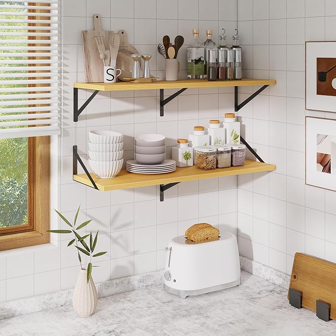 Acovy Deep Floating Shelves for Wall,36" Wx10 D Wood Wall Shelves with Metal Brackets,Hanging Storage Floating Shelf for Living Room,Bedroom,Bathroom,Office,Kitchen,Oak