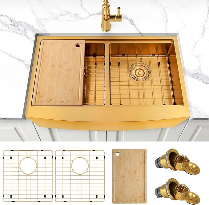 Gold Farmhouse Sink 33" X 20",Gold Kitchen Sink Double Bowl,33 inch Apron-Front Farmhouse Workstation Sinks,16 Gauge Stainless Steel Double Kitchen Sink