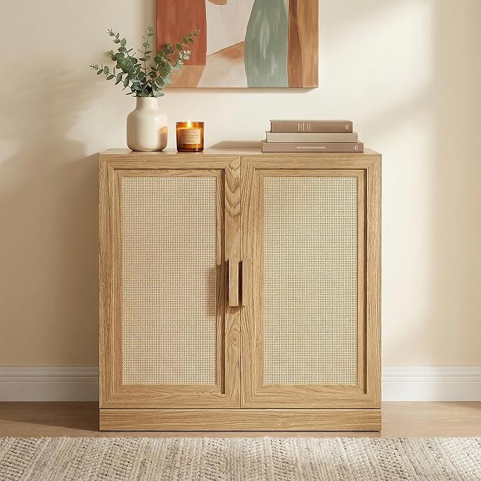 Casaphoria Adam Sideboard Buffet Cabinet with Storage, Sideboard Cabinet with Rattan Doors & Adjustable Shelves, 31" W x 31" H Coffee Bar for Entryway Kitchen Living Room, Oak