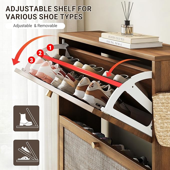 Nicetree Shoe Storage Cabinet for Entryway, Rattan Vintage Flip Shoe Rack- 3 Flip Drawers & 3-Tier Adjustable Shelves,Boho Shoe Organizer for 24-30 Pairs - Fits Size 12 Boots, 9.5" Ultra Slim (Oak)