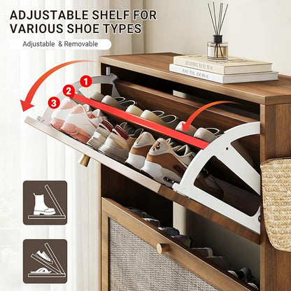 Nicetree Shoe Storage Cabinet for Entryway, Rattan Vintage Flip Shoe Rack- 3 Flip Drawers & 3-Tier Adjustable Shelves,Boho Shoe Organizer for 24-30 Pairs - Fits Size 12 Boots, 9.5" Ultra Slim (Oak)