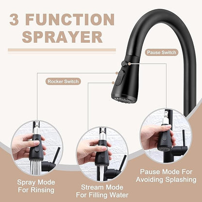 Touchless Kitchen Sink Faucet with Pull Down Sprayer, Herogo Matte Black Stainless Steel Motion Sensor Faucet with Soap Dispenser, Single Handle Smart Activated Kitchen Tap for Farmhouse RV Sink