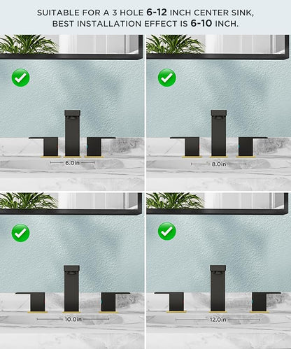 FORIOUS 8 Inch Widespread Black and Gold Bathroom Faucet Square, 2 Handle 6 Inch Matte Black Faucets for Bathroom Sink 3 Hole 8-10 Inch Vanity Sink, with Pop-up Drain, Hot and Cold Water Hoses