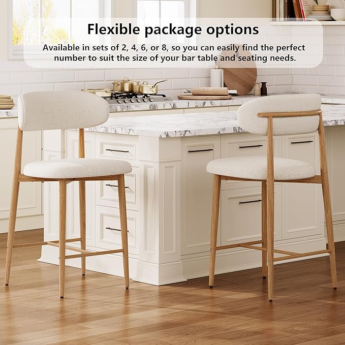 Set of 2 Counter Height Bar Stools: Upholstered Barstools with Metal Legs for Kitchen Island Dining Room in Beige - Comfortable & Chic Industrial Style, Premium Quality Bar Height Seating