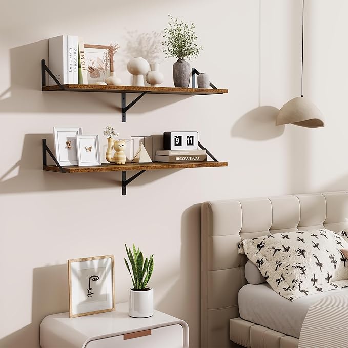 Acovy Deep Floating Shelves for Wall,36" Wx10 D Wood Wall Shelves with Metal Brackets,Hanging Storage Floating Shelf for Living Room,Bedroom,Bathroom,Office,Kitchen,Rustic Brown