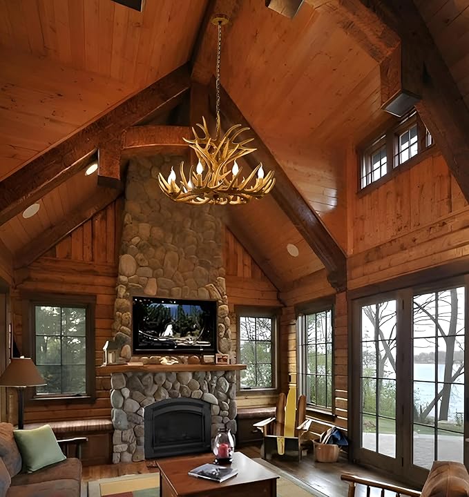 Rustic Antler Chandelier 9-Light, Farmhouse Deer Antler Chandelier Lighting, Retro Antler Light Fixtures for Living Room Dinning Room Kitchen Foyer Bar Store (9 lamp arms + 6arms)